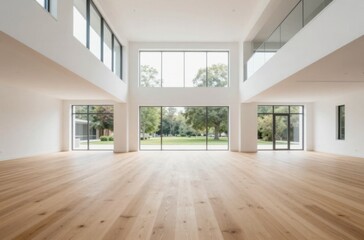 Fototapeta premium Bright and Airy Modern Interior with Large Windows and Hardwood Floors in a New Home