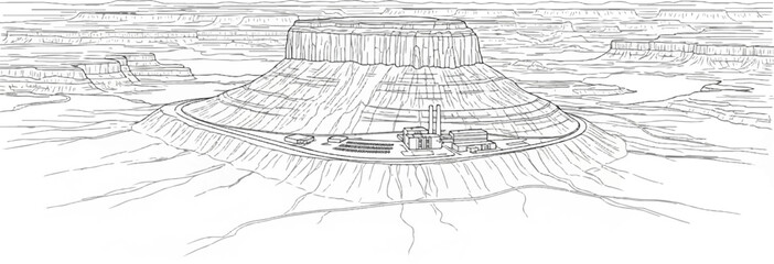 An industrial complex is built into a massive, layered mesa in a desert canyon