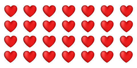 Valentines day love symbol, 3d hearts rotation. Realistic romantic emoji, red heart icon front and spin angle view. Wedding decor vector set. Object spin animation for gaming isolated on white