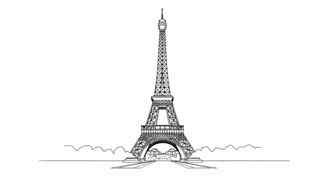 A stark black and white line drawing of the Eiffel Tower, an iconic landmark
