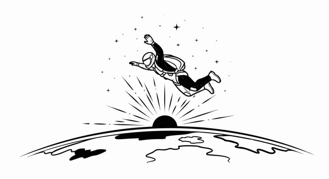 Astronaut freefalling above a glowing planet with stars in the background