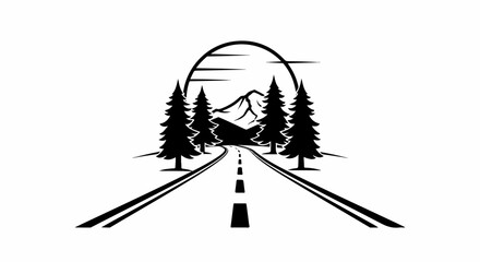 Fototapeta premium A stylized road leads towards a mountain peak under a crescent sun