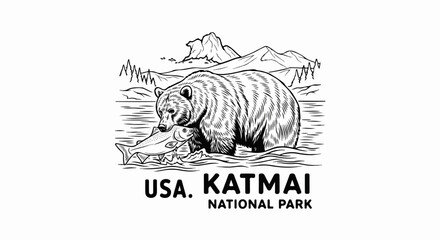 Fototapeta premium Bear fishing for salmon in a river with mountains in background