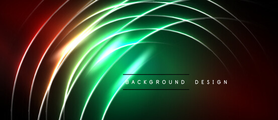 Naklejka premium Abstract neon lines create dynamic circular patterns. Vibrant green dominates, blending into red hues. Modern design element.