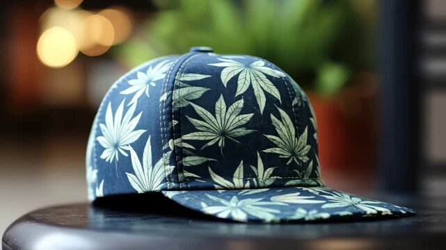 Blue snapback cap with a marijuana leaf pattern slowly rotating on a table with a blurred background