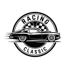 Fototapeta premium Vintage racing logo featuring a classic car silhouette and a checkered flag in a circular badge. Perfect for retro motorsport events and merchandise.
