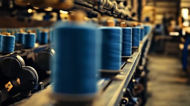 Numerous blue thread spools spinning rapidly on a loom machine in a textile factory production line