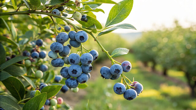 Closeup of ripe blueberries on a branch in a blueberry field at sunrise