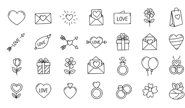 Valentines day doodle outline icon set hand drawn love romance elements hearts gifts arrows vector isolated on transparent background