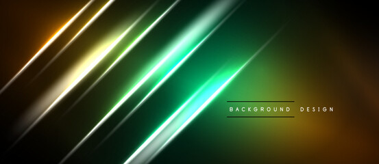 Obraz premium Abstract diagonal lines create vibrant gradient effect. Dark background emphasizes glowing neon colors, modern design element.