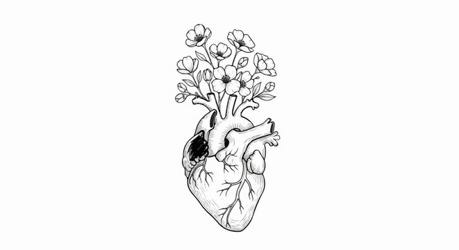 Anatomical heart with blooming flowers illustration