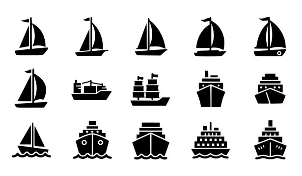 Sailboat and ship icon set vector flat black marine transport isolated on transparent background