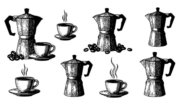 Vintage moka pot coffee maker engraving set hand drawn vector isolated on transparent background