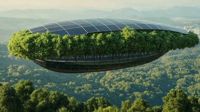 A solar powered airship, shaped like a tree canoe, glides over a lush forest with integrated solar panels