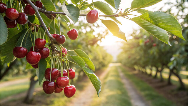 Closeup of ripe red cherries hanging on a branch in a cherry orchard