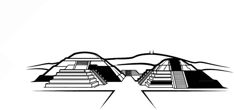 Ancient step pyramids stand majestically against a backdrop of rolling hills