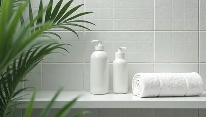 Fototapeta premium White pump bottles with plant and rolled towel on shelf. Minimalist bathroom decor offers a clean, refreshing, and hygienic aesthetic for self care.