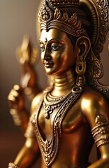 Obraz premium Golden Hindu deity sculpture, detailed brass ornament. Richly adorned figure with intricate jewelry and crown. Divine representation, spiritual decor, craft art.