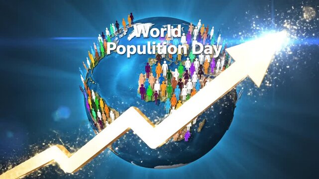 Global diverse population on Earth with upward arrow