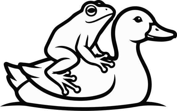 A whimsical cartoon depicts a frog riding on the back of a duck