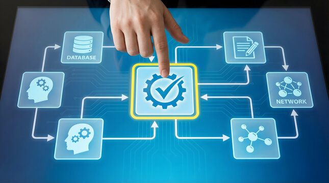 Businessman interacting with digital workflow management interface