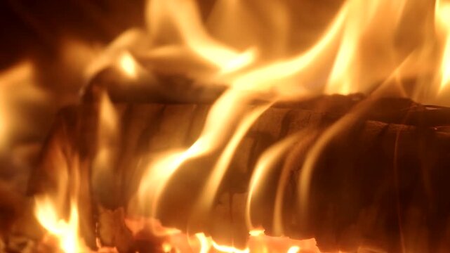 Very close-up shot of a burning log giving off bright flames and heat