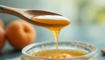 Side view of a handless wooden spoon dipped into golden apricot jam, droplets forming at the edge