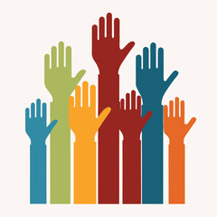 Obraz premium A diverse group of people raised their colorful hands and palms in a vibrant vector illustration representing a volunteer crowd, charity, and the concept of unity through voting