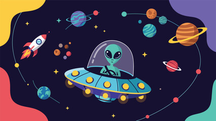 Fun space illustration featuring a green alien piloting a blue UFO surrounded by planets, stars, and a rocket ship.