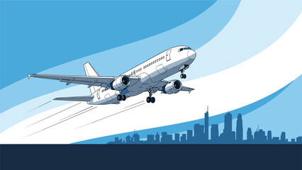 Commercial jet airplane takes off into a blue sky with stylized white clouds above a dark blue silhouette of a modern city skyline.