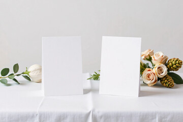 Two blank white table tent cards mockup on neutral background