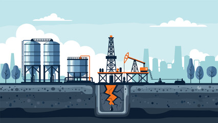 Obraz premium Industrial oil drilling site featuring towers storage tanks an oil pump and cross section showing extraction from deep underground.