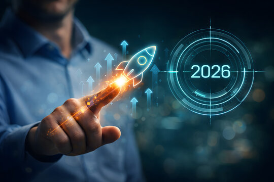 Vision of Growth: An individual's touch sparks a rocket launch, symbolizing innovation, with the year 2026 as a beacon of future ambitions and technological advancement.