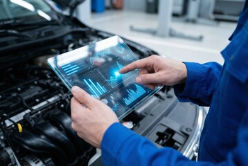 Garagiste faisant un contr&ocirc;le technique voiture avec &eacute;cran