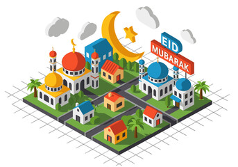 Obraz premium Isometric Islamic City Illustration for Eid Mubarak Celebration