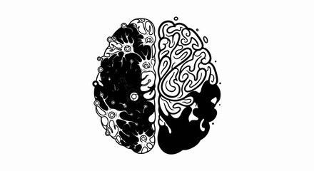 Obraz premium Artistic depiction of a human brain divided into two distinct halves, one black and one white