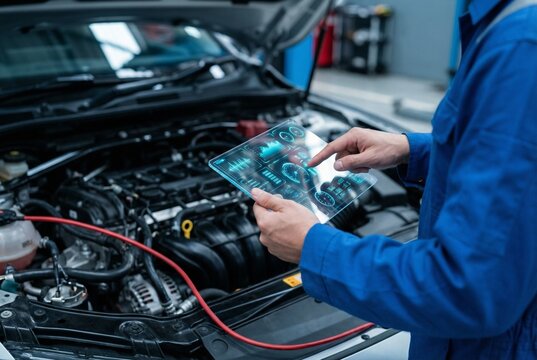 Garagiste faisant un contr&ocirc;le technique voiture avec &eacute;cran