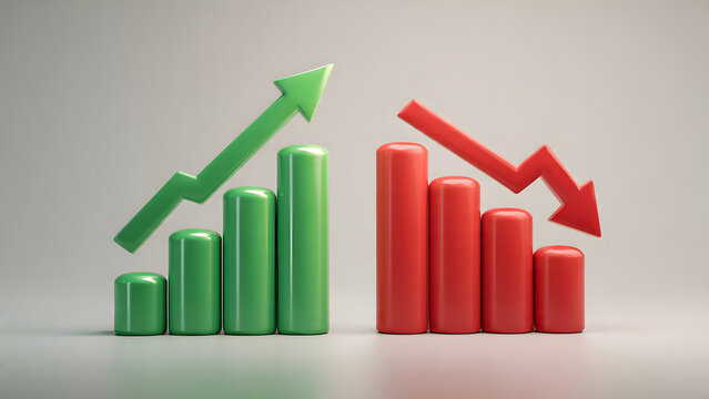 Financial Bar Chart: A dynamic visual representation of market fluctuations, with a green upward arrow and a red downward arrow above corresponding bar graphs