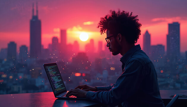 Man works on laptop with code on screen against city skyline at vibrant sunset. Programmer at desk types, coding late evening, sparks float in magenta sky.