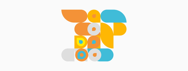 Fototapeta premium Abstract geometric shapes form playful penguin illustration. Orange, blue, yellow hues dominate white background. Simple design.