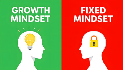 Mindset of Growth: A visual juxtaposition of growth mindset with an illuminating idea and fixed mindset with lock idea