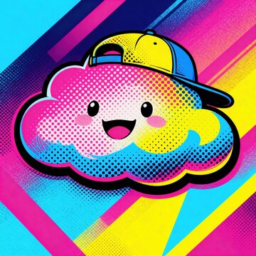 Vibrant, pop-art style cloud character wearing a baseball cap backwards, with a playful expression and a colorful, abstract background of geometric shapes and halftone dots., high resolution pro siyam