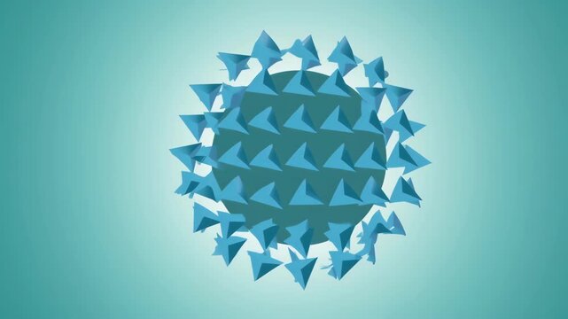 A stylized spherical object with sharp, blue triangular facets