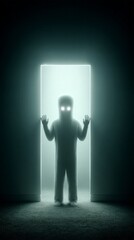 Obraz premium Isolation and vulnerability as glowing figure trapped in cold doorway light