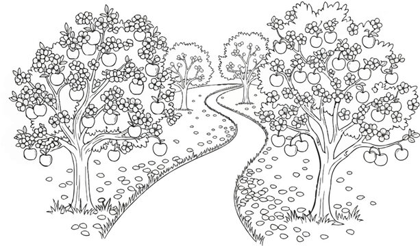 A winding path leads through an orchard with apple trees in bloom