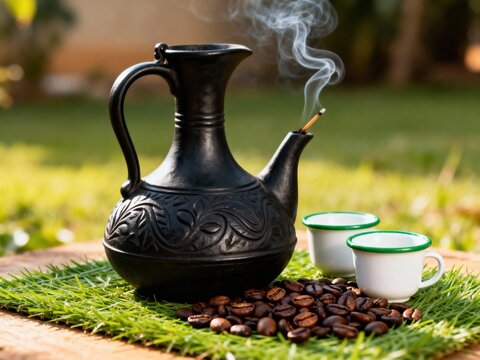 An authentic Ethiopian coffee ceremony setup with a traditional black jebena pot emitting aromatic steam, surrounded by roasted coffee beans and two small white cups, set outdoors on a rustic wo siyam