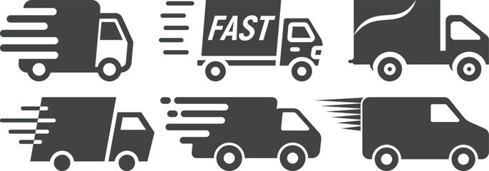 Fast delivery truck icon set collection with express shipping, 24h service, cargo van and logistics transport symbols isolated on white background vector illustration for courier. © IR Vector Gallery