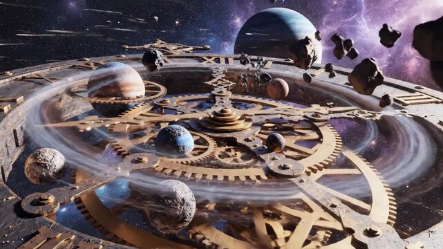 An intricate golden clockwork mechanism floats in deep space, surrounded by planets, stars, and a vibrant nebula. Time and cosmos merge in this epic celestial scene.