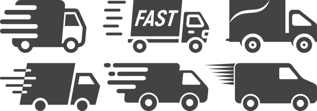 Fast delivery truck icon set collection with express shipping, 24h service, cargo van and logistics transport symbols isolated on white background vector illustration for courier.