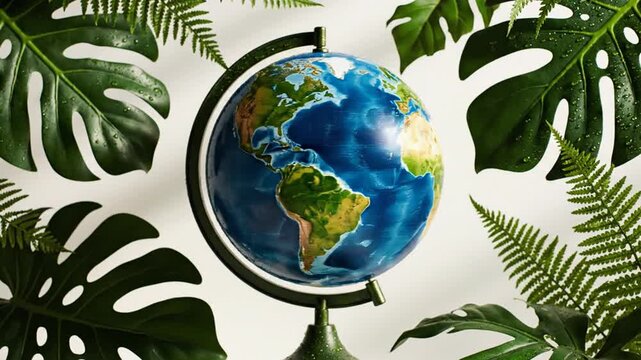 Earth globe surrounded by fresh green tropical leaves